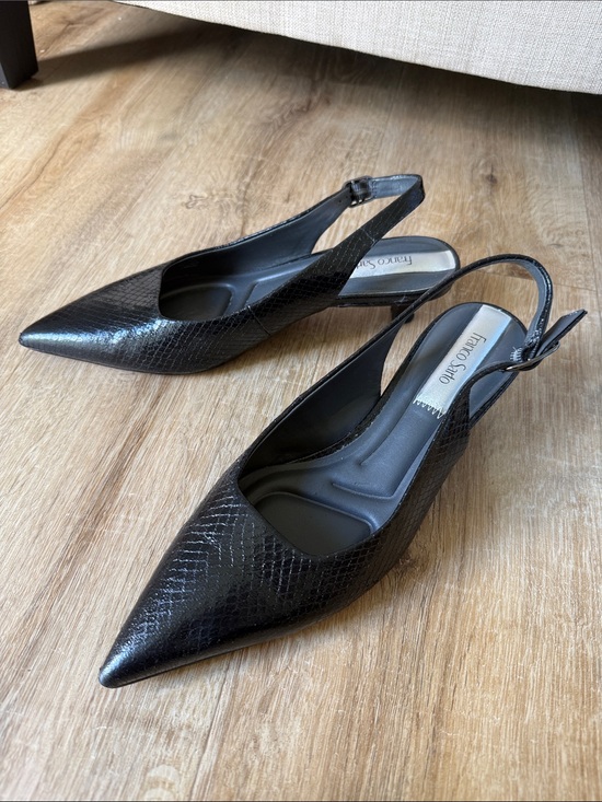 Franco Sarto Shoes - Franco Sarto Black Faux-Snakeskin Pointed Slingback Kitten Heels
